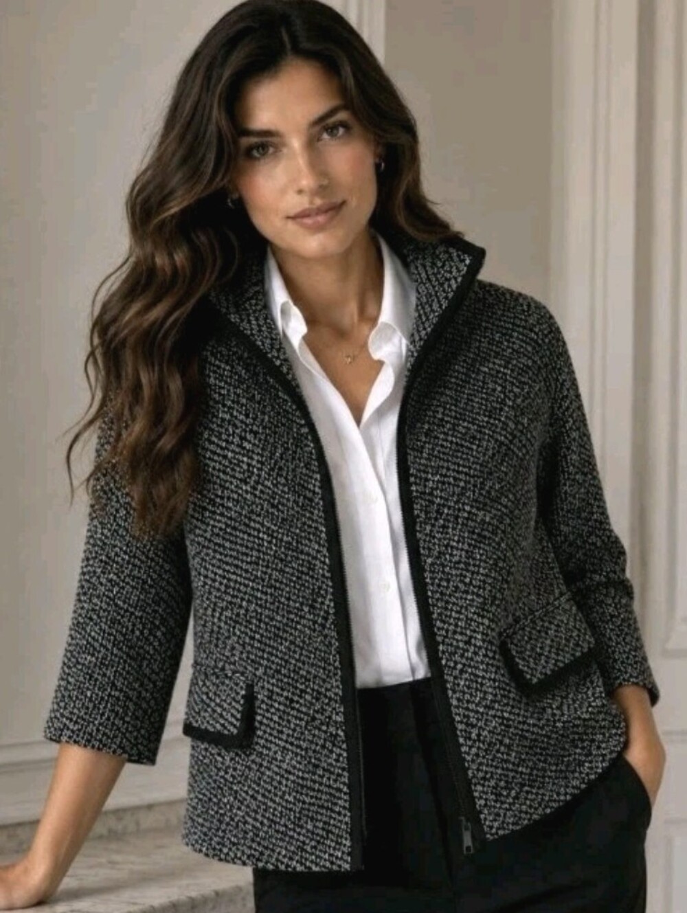 Lafayette 148 Tweed Jacket Wool/Cashmere Blend Zip Up Black/White Designer  Sz 8